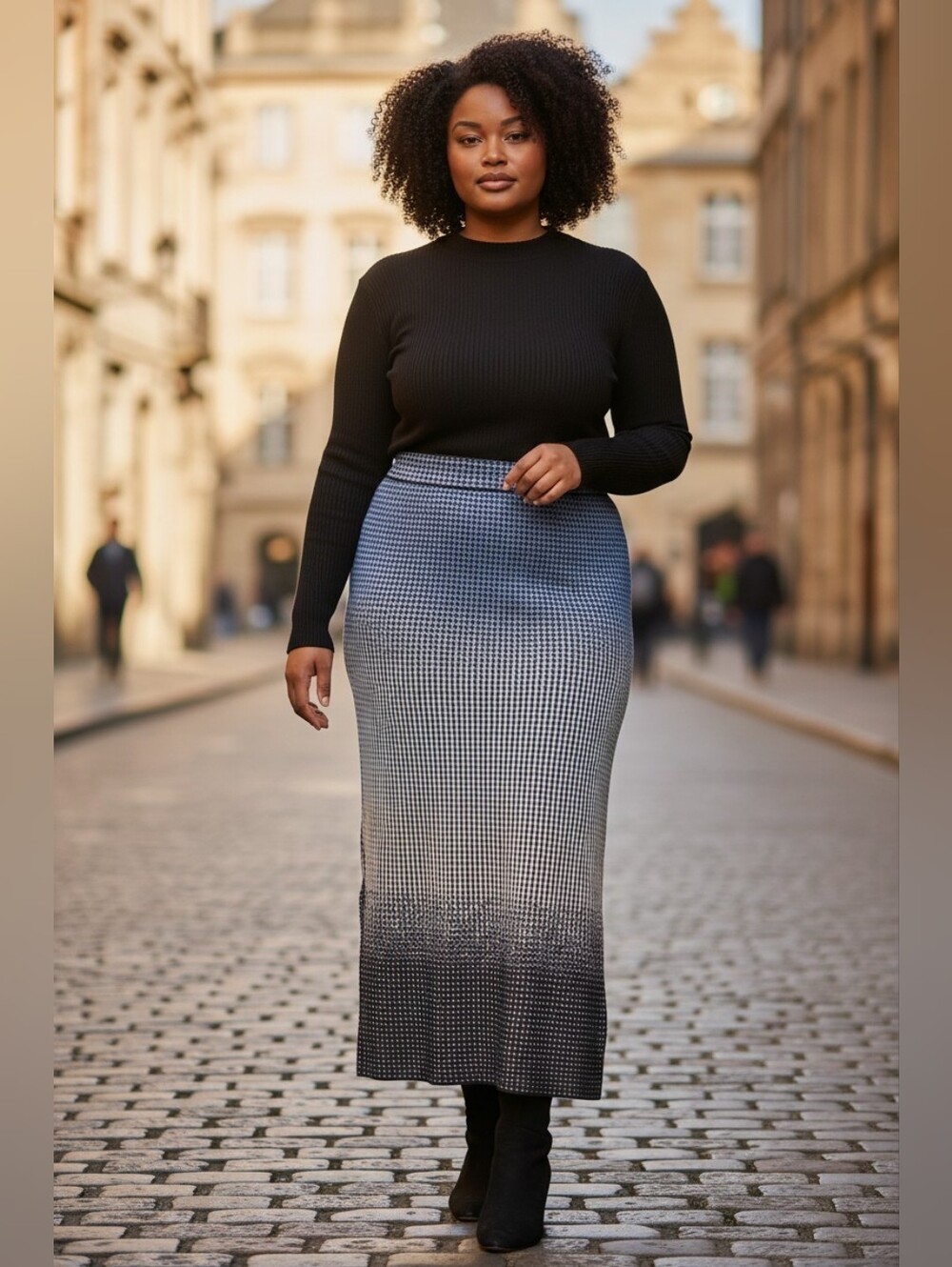 Ming Wang Ombre Jacquard Knit Midi Skirt Blue Black Brown Sz Large $195 WS43